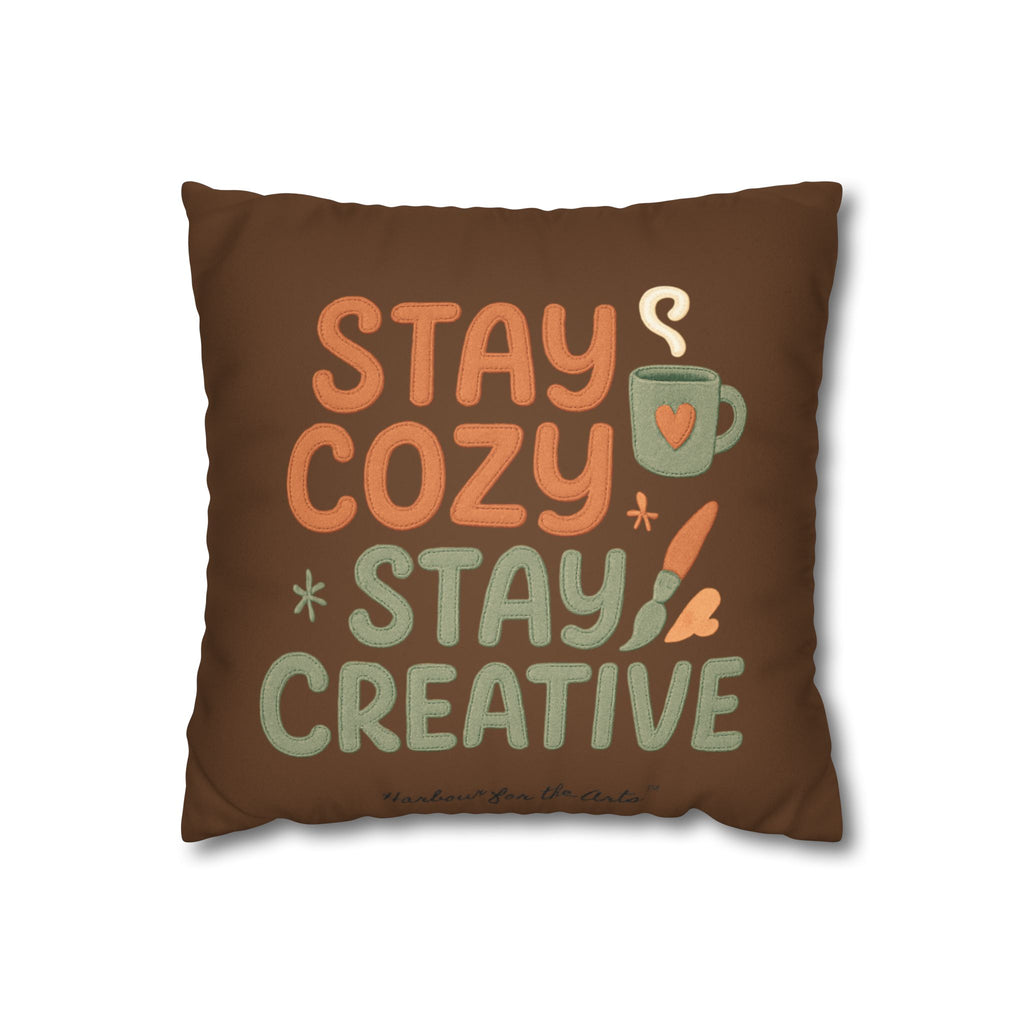 Square Pillow — "Stay Cozy Stay Creative" Faux Suede Decorative Throw Pillow